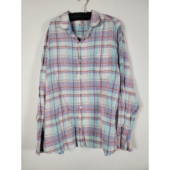 Tommy Bahama Mens Pink Blue Plaid Linen Shirt XL Button Up Long Sleeve Casual